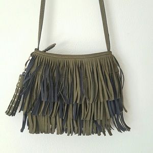 Also vegan suede fringed cross body bag